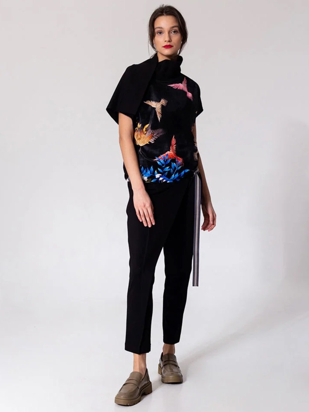 Black Velvet Short Sleeve Top with Pink & Multicolor Bird Print
